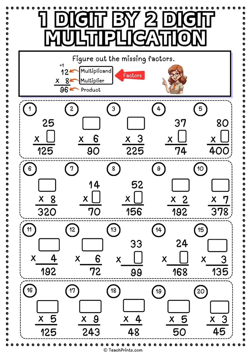 1 Digit By 2 Digit Multiplication Worksheets Teach Prints