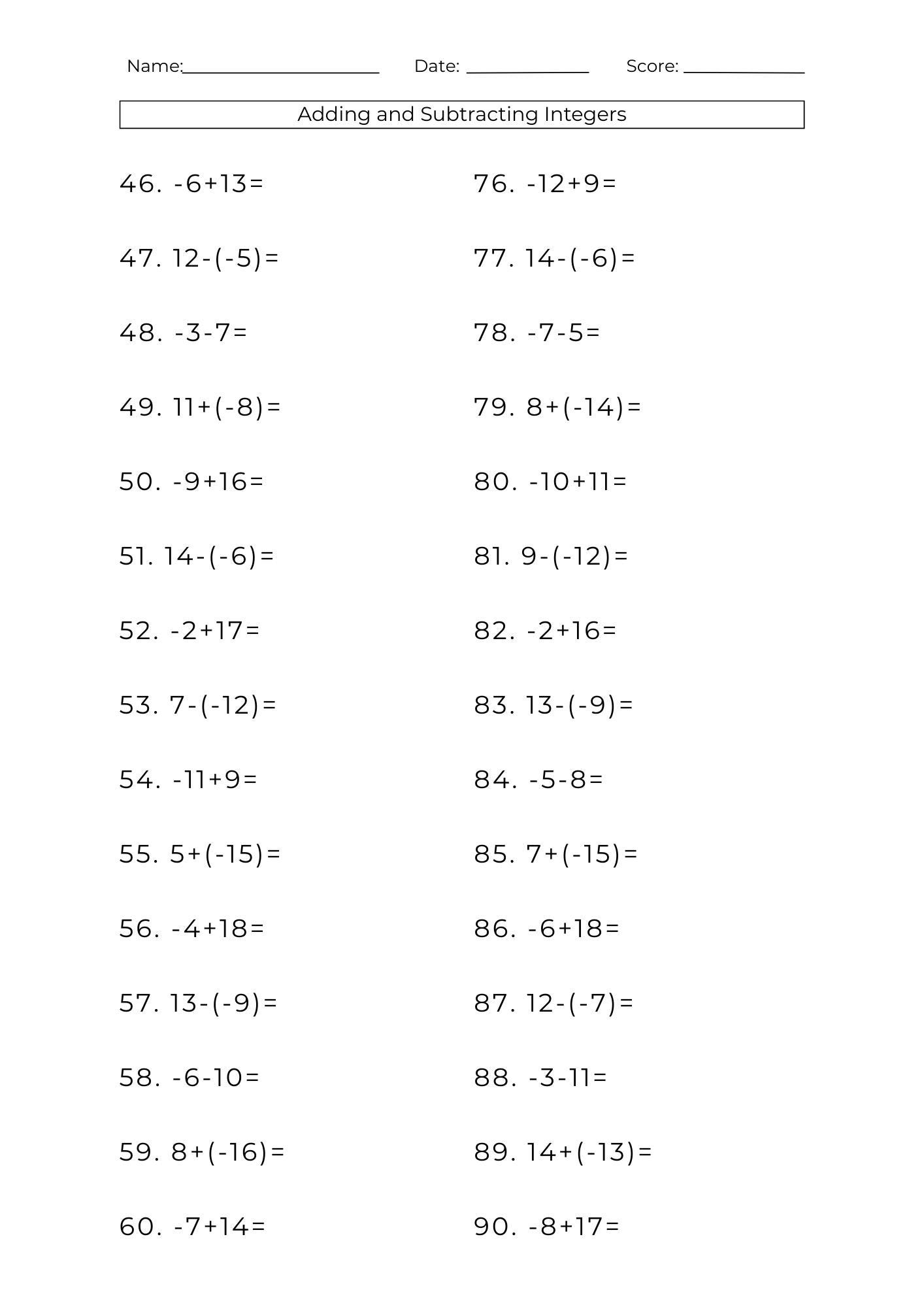 10 Printable Addition Subtraction Integers Worksheets Math Problems PDF Etsy Israel