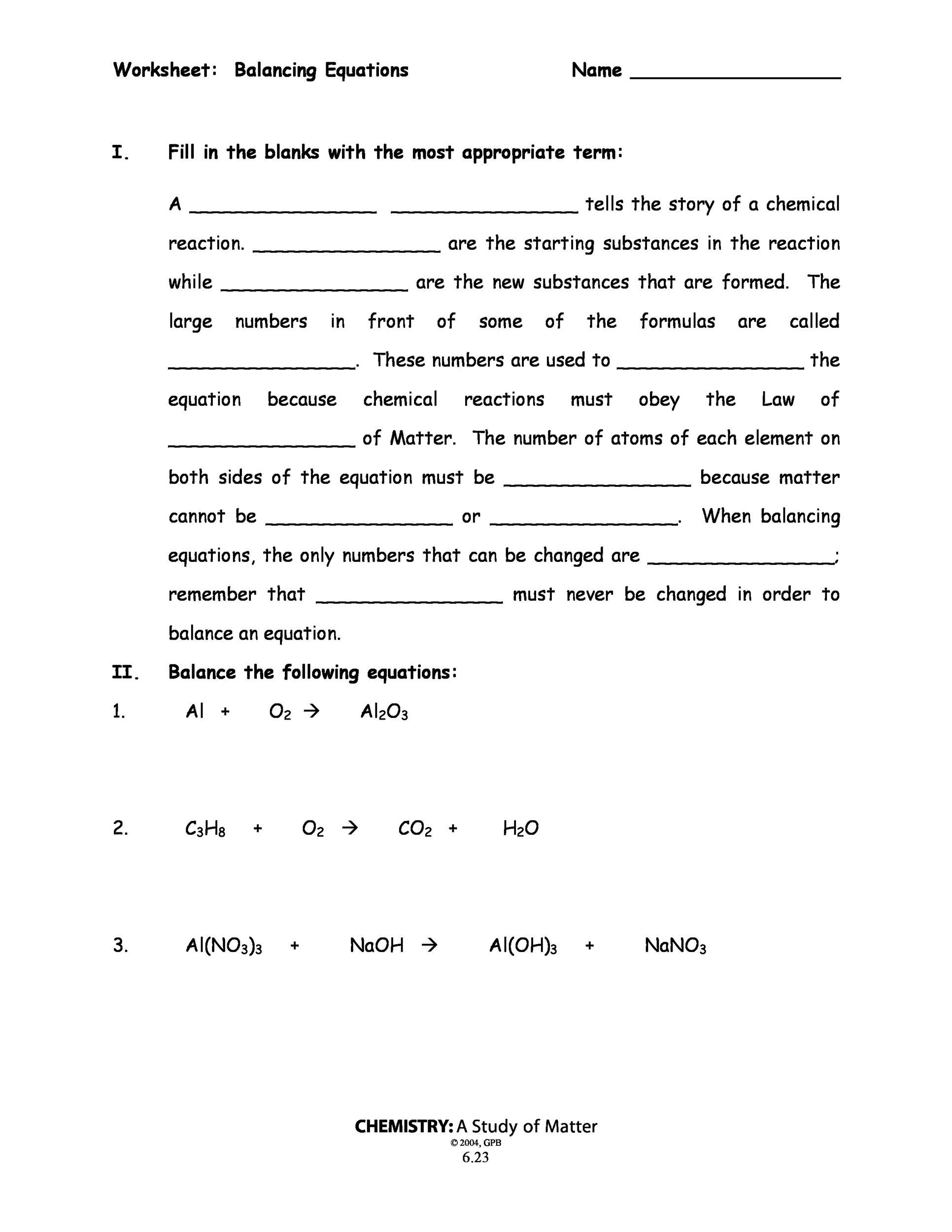 equation worksheet a balancing chemical equations