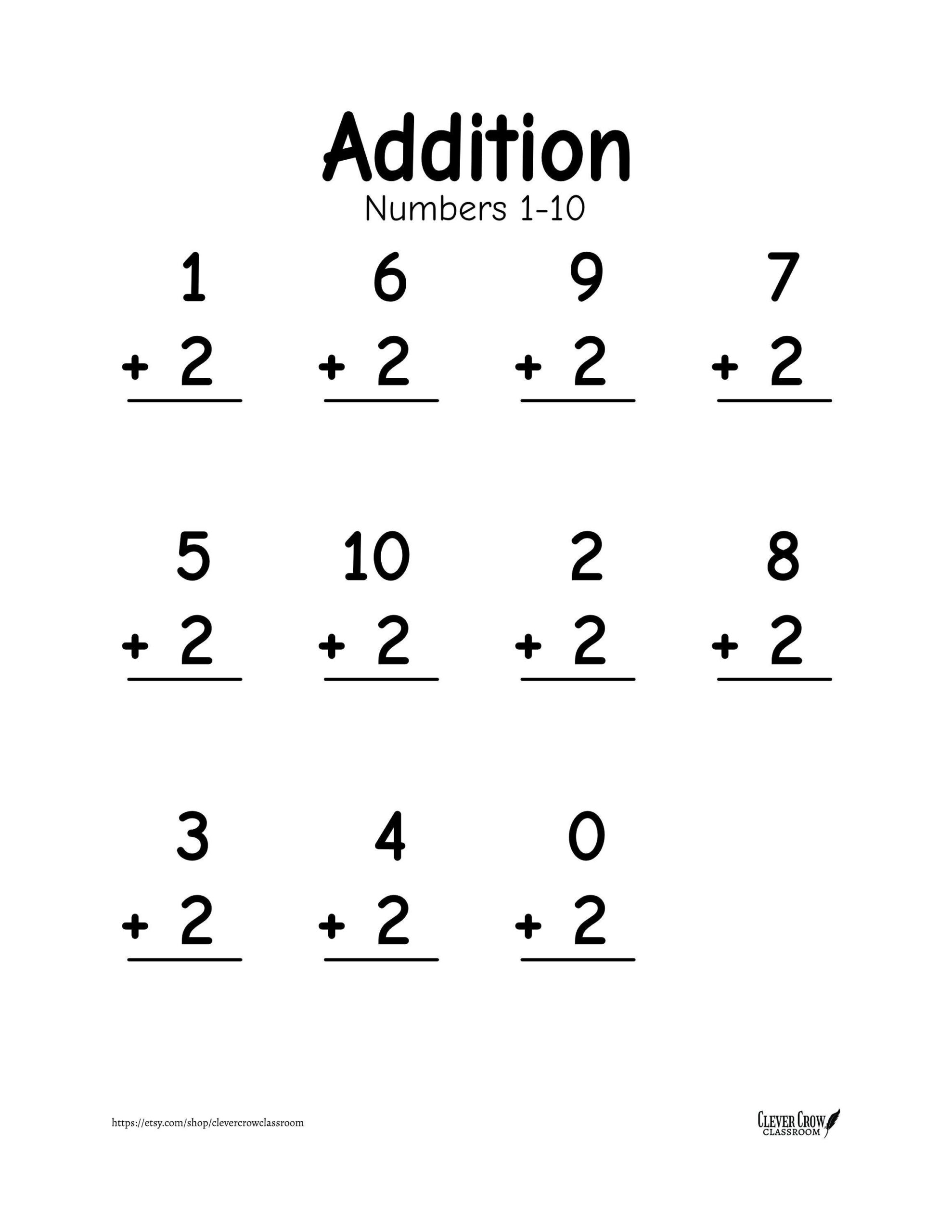 Addition Worksheets Numbers 1 10 20 Printable Worksheets Vertical And Horizontal Formats Preschool 1st Grade Math Etsy