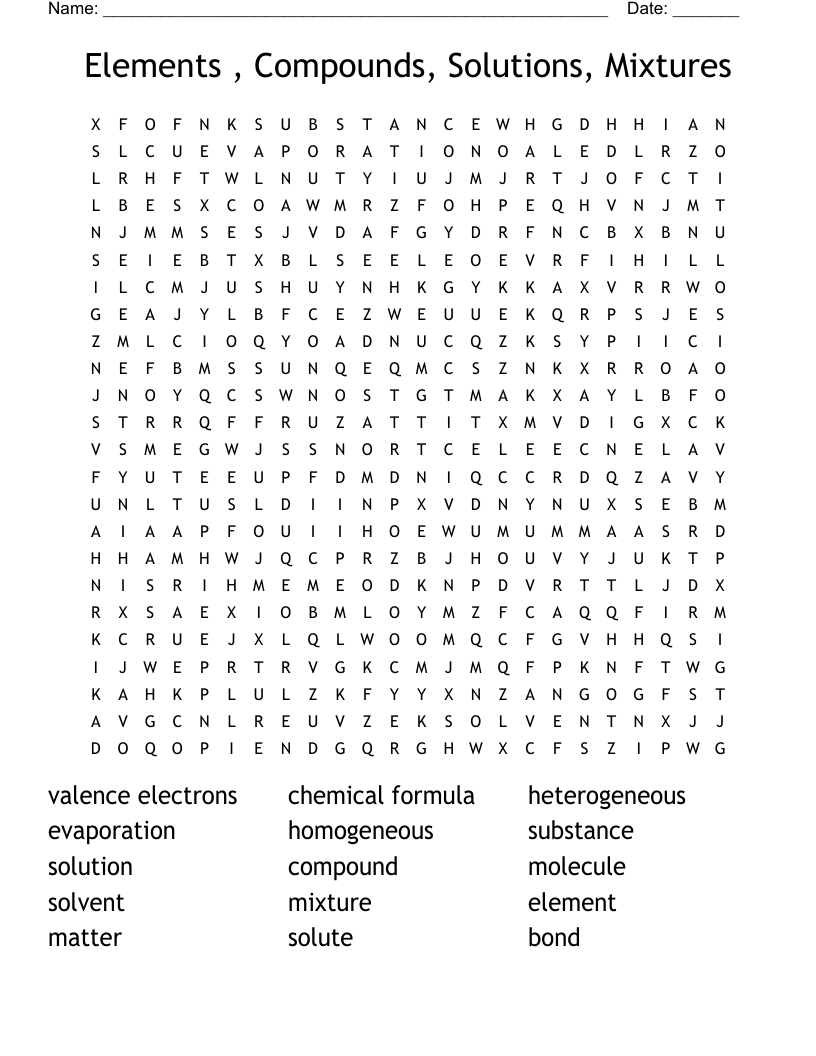 Elements Compounds And Mixtures Word Search WordMint