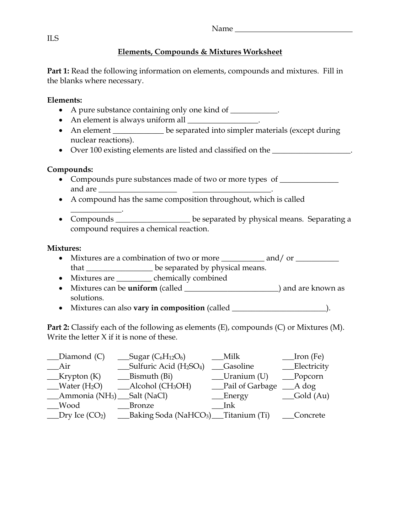 Elements Compounds Mixtures Worksheet