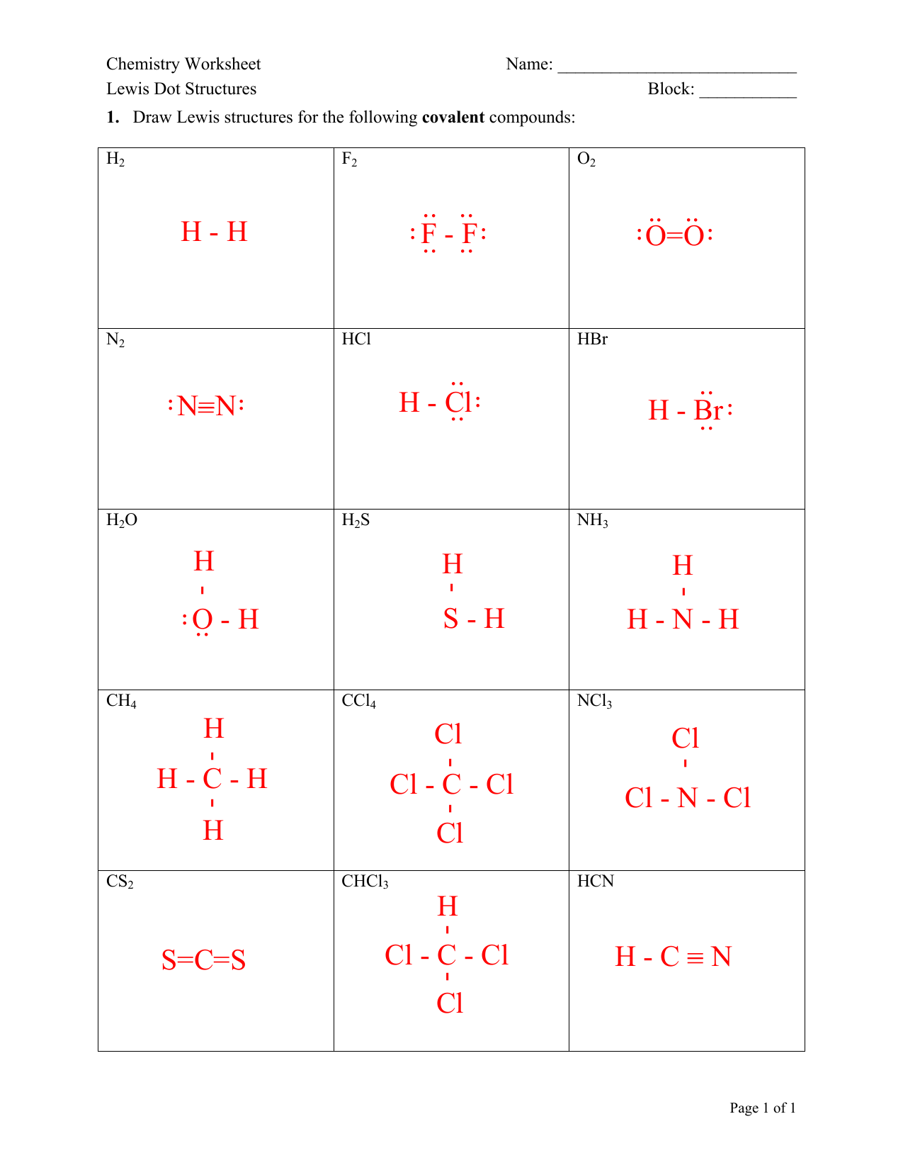 Lewis Dot Structures Chemistry Worksheet