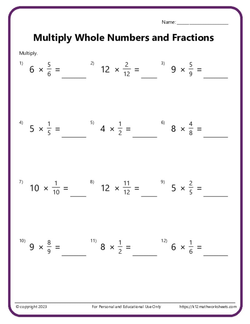 fraction times fraction worksheet