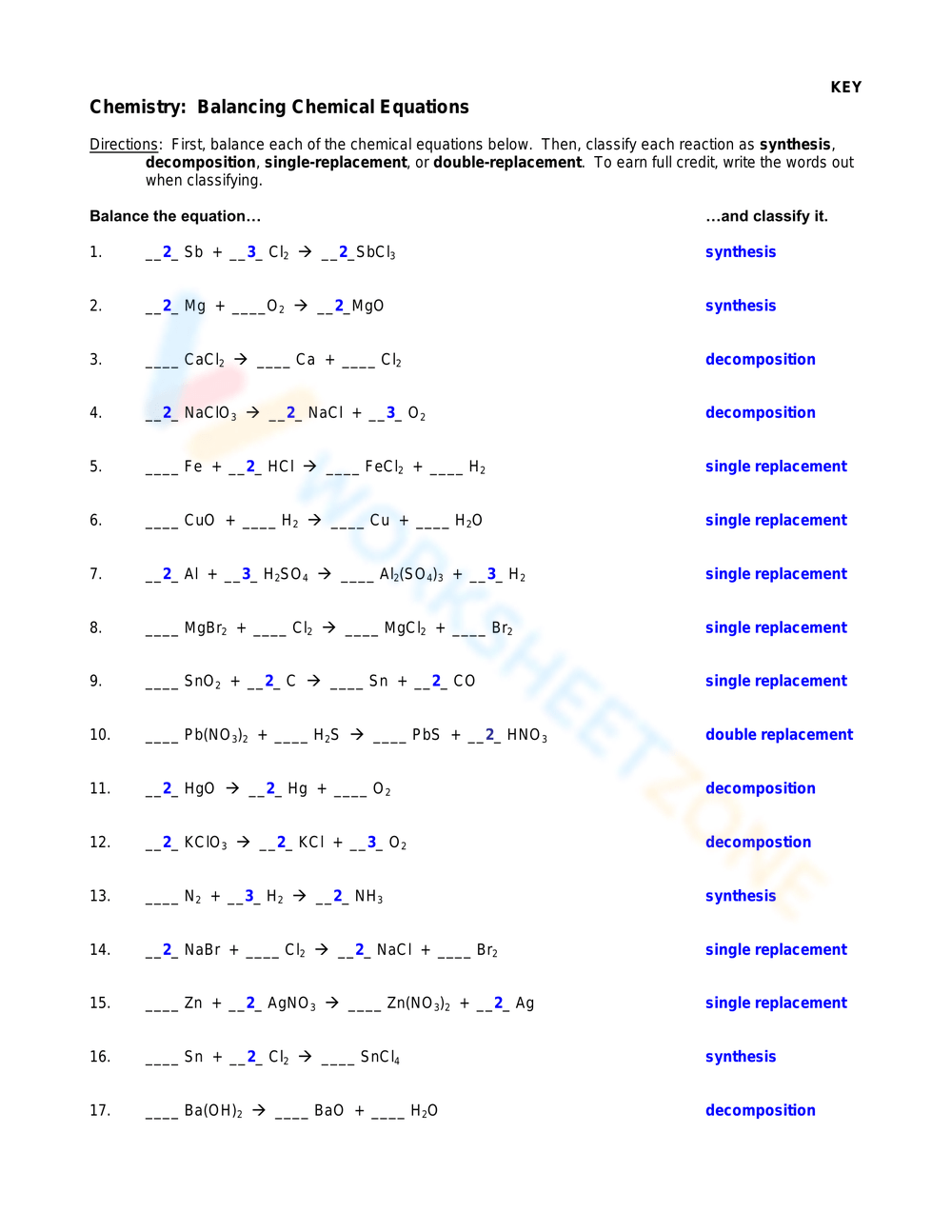 Printable 7th Grade Balancing Chemical Equations Worksheets
