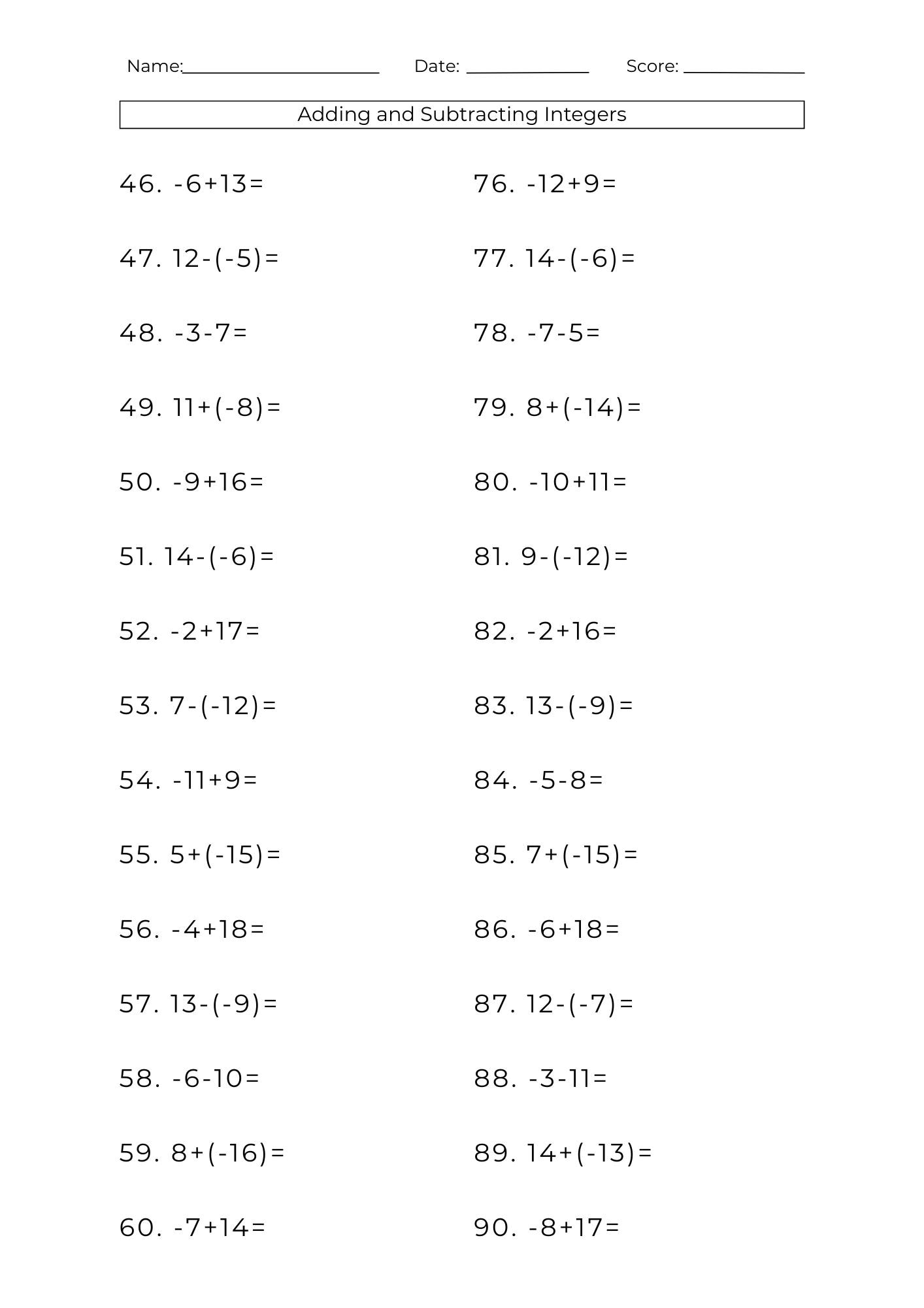 10 Printable Addition Subtraction Integers Worksheets Math Problems PDF Etsy Israel