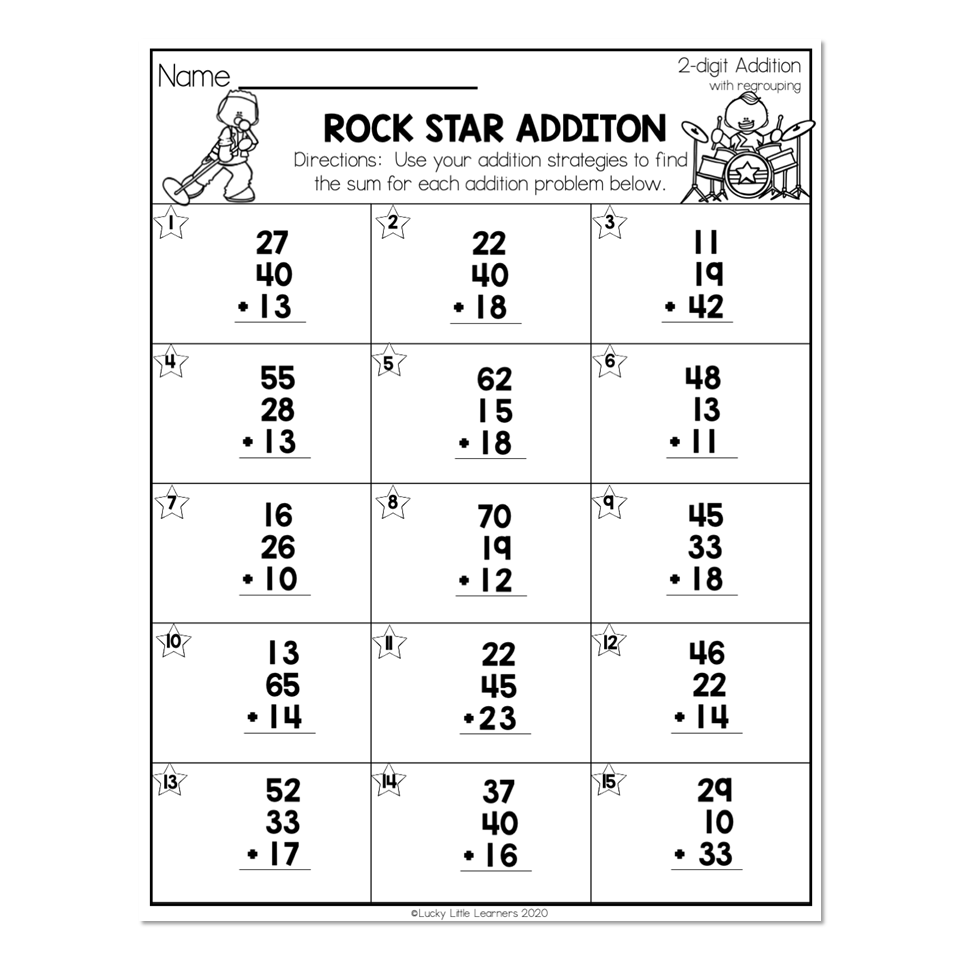 2nd Grade Math Worksheets 2 Digit Addition With Regrouping Rock Star Addition Lucky Little Learners 2nd Grade Math Worksheets 2 Digit Addition With Regrouping Rock Star Addition Lucky Little Learners