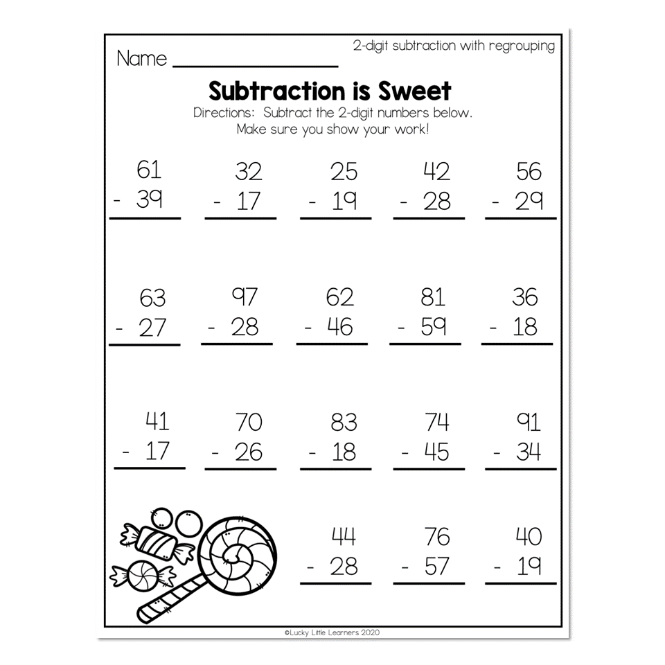 2nd Grade Math Worksheets 2 Digit Subtraction With Regrouping Subtraction Is Sweet Lucky Little Learners