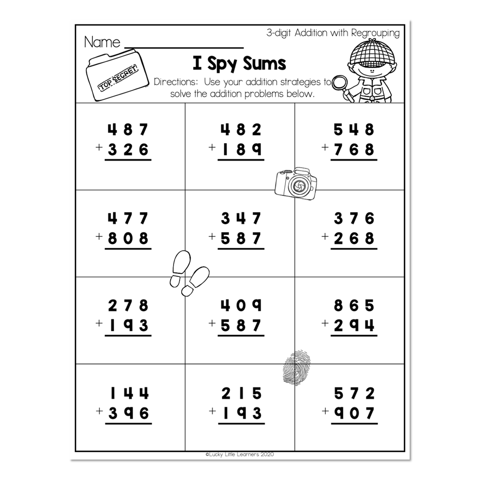 2nd Grade Math Worksheets 3 Digit Addition With Regrouping I Spy Sums Lucky Little Learners 2nd Grade Math Worksheets 3 Digit Addition With Regrouping I Spy Sums Lucky Little Learners