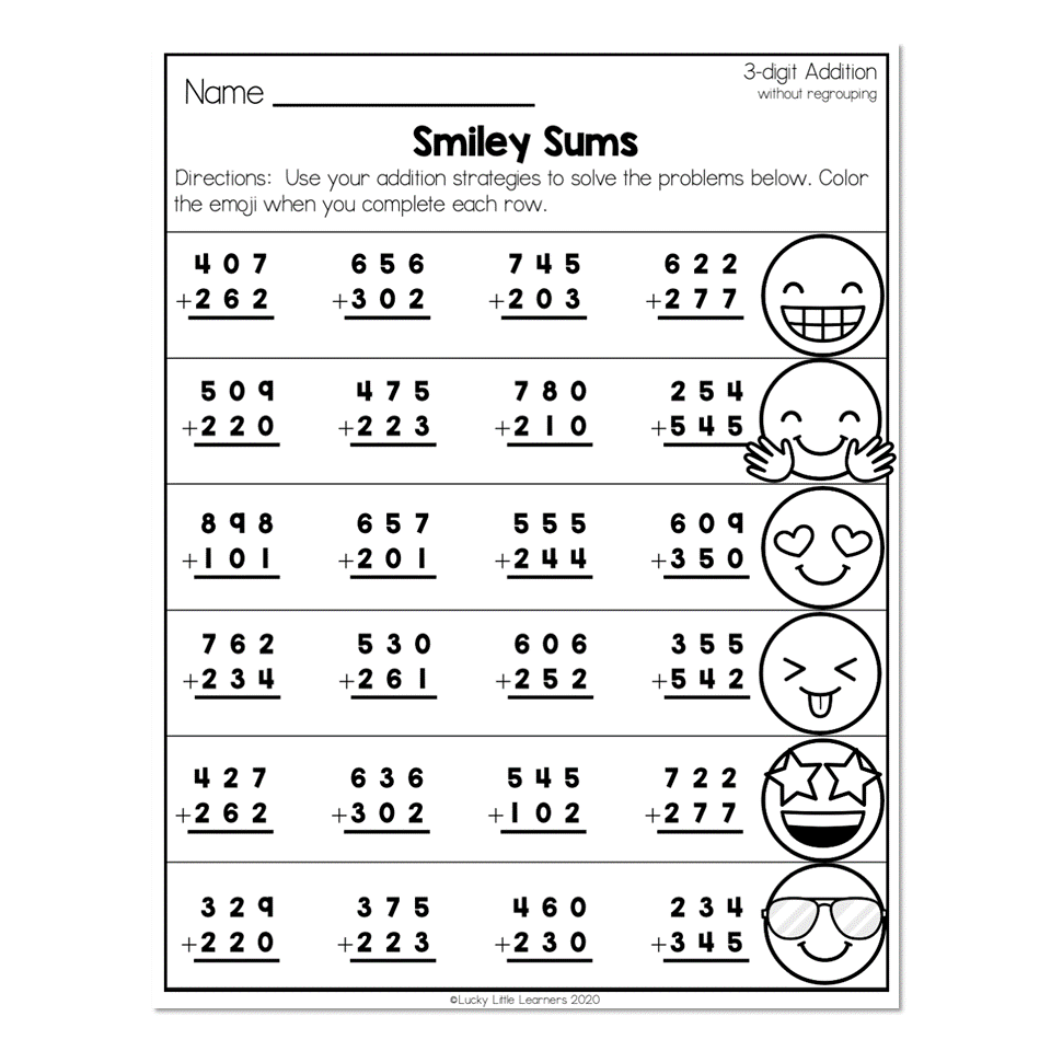 2nd Grade Math Worksheets 3 Digit Addition Without Regrouping Smiley Sums Lucky Little Learners 2nd Grade Math Worksheets 3 Digit Addition Without Regrouping Smiley Sums Lucky Little Learners