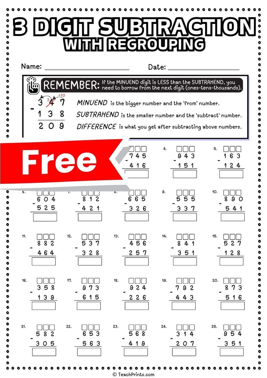 3 digit subtraction with regrouping worksheets