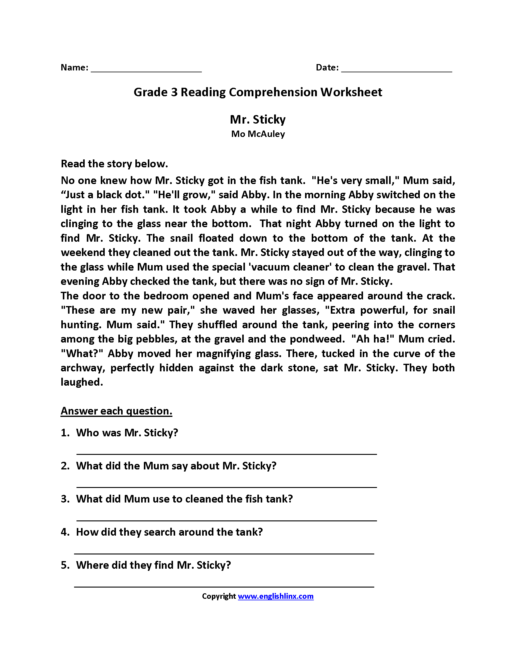 3rd Grade Reading Comprehension Worksheets Free PDF 