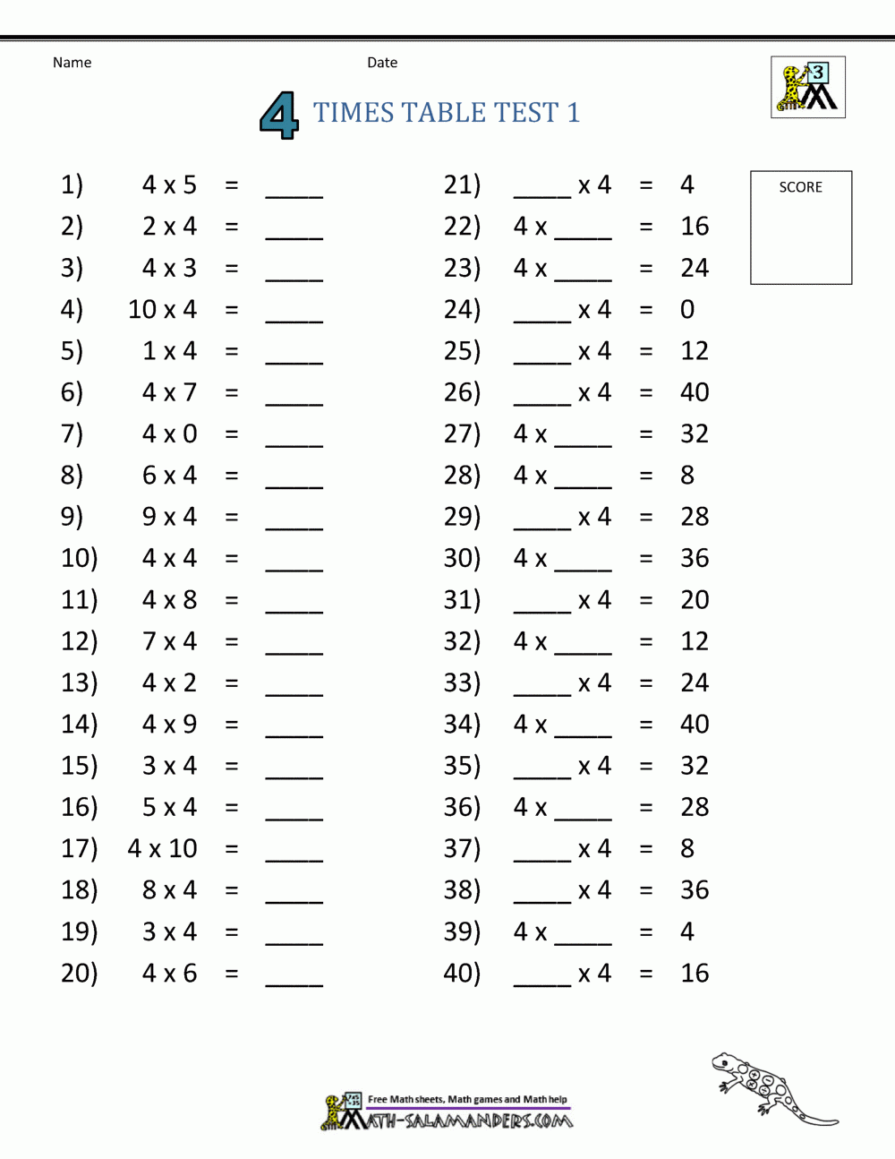 4 Times Table Worksheet Page 4 Times Table Worksheet Page