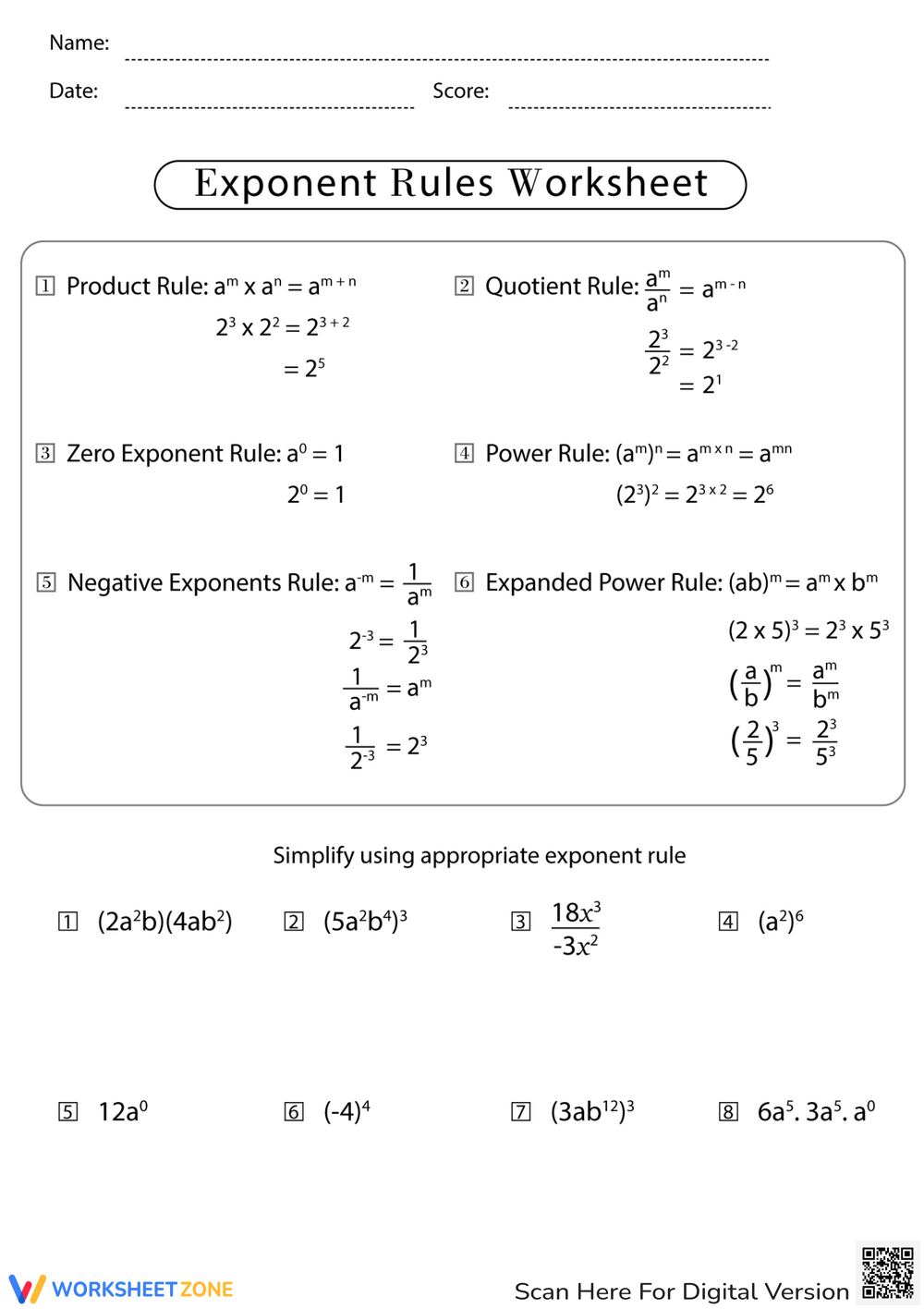 laws of exponents worksheet