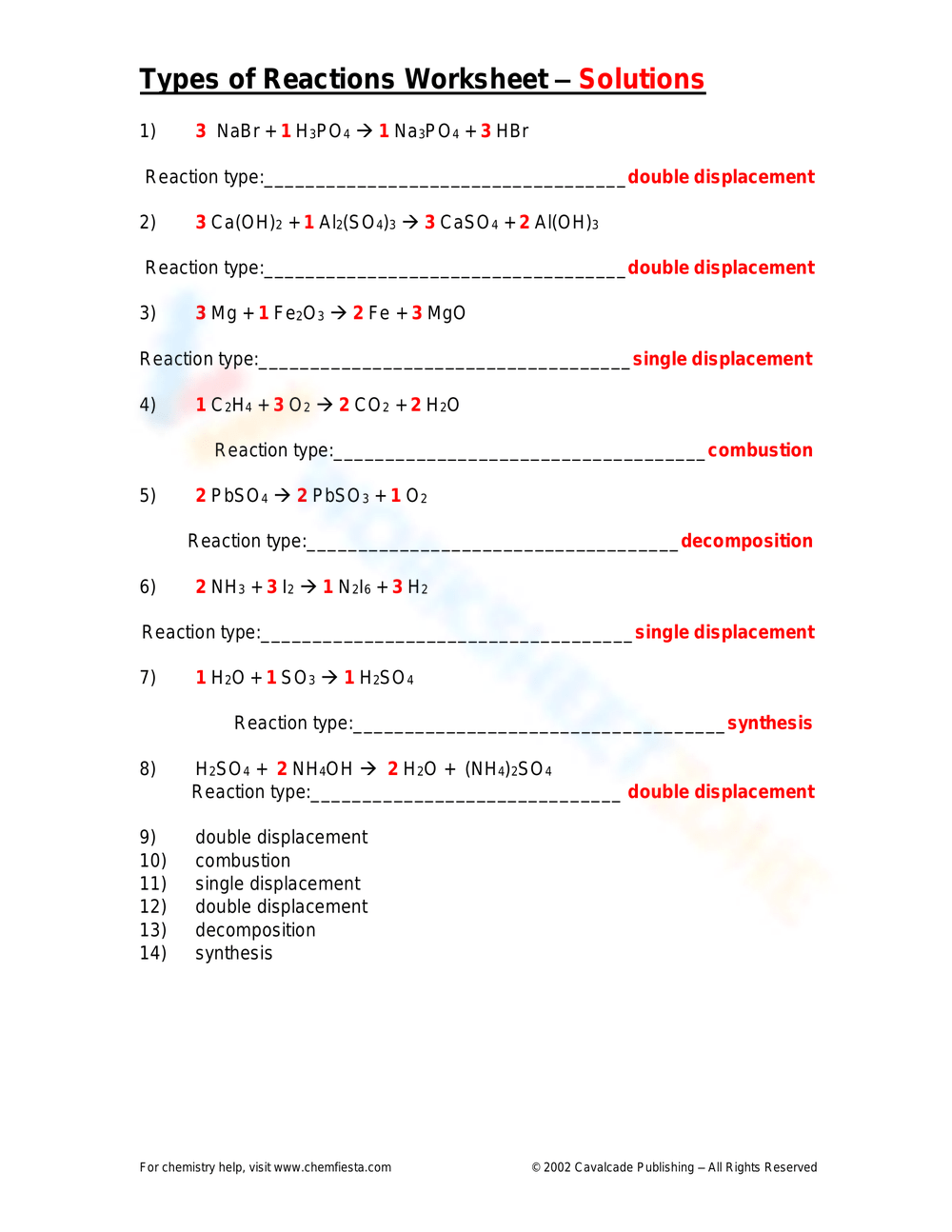 8th Grade Types Of Reaction Worksheets 8th Grade Types Of Reaction Worksheets