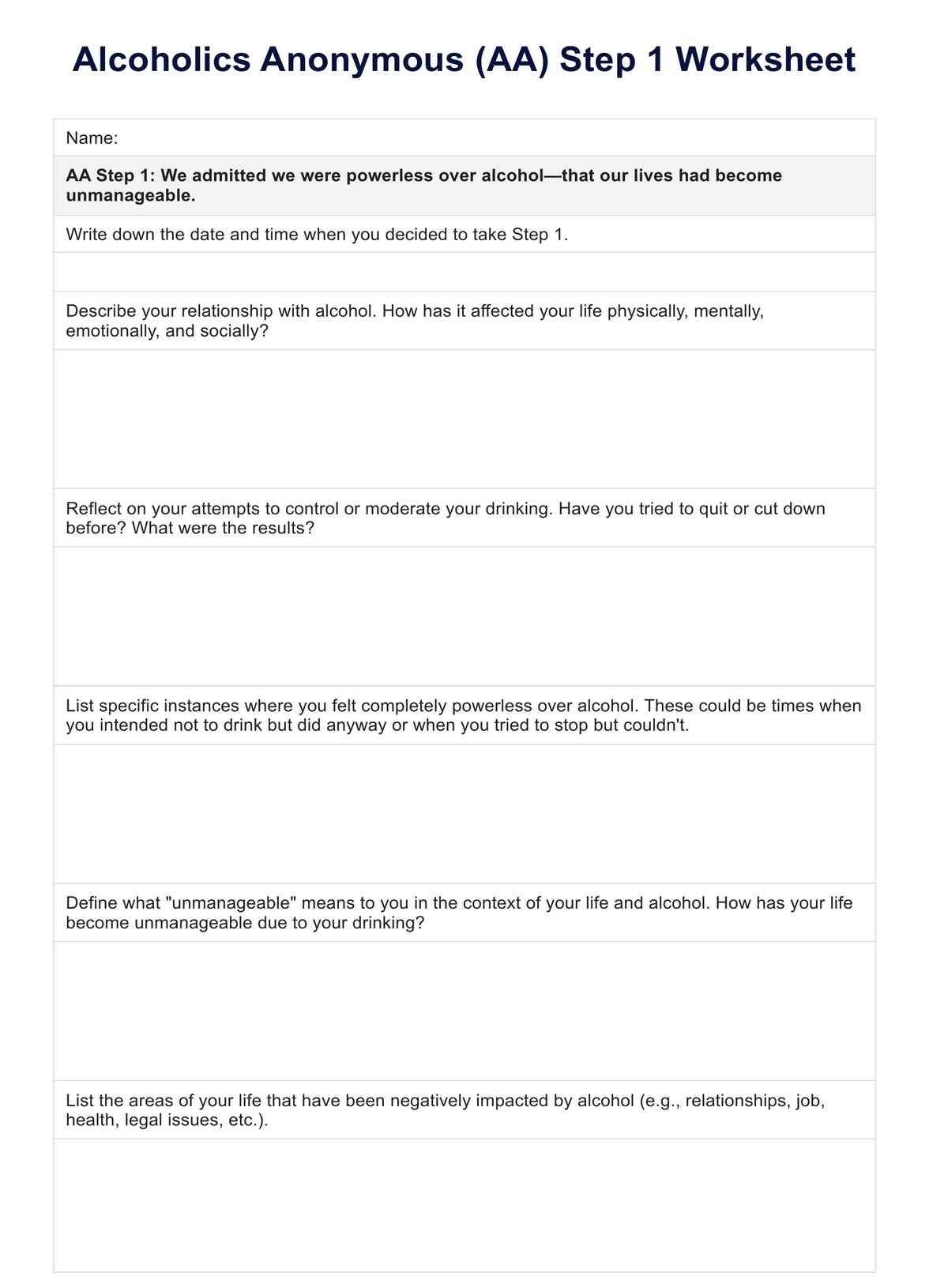 AA Step 1 Worksheets AA Step 1 Worksheets