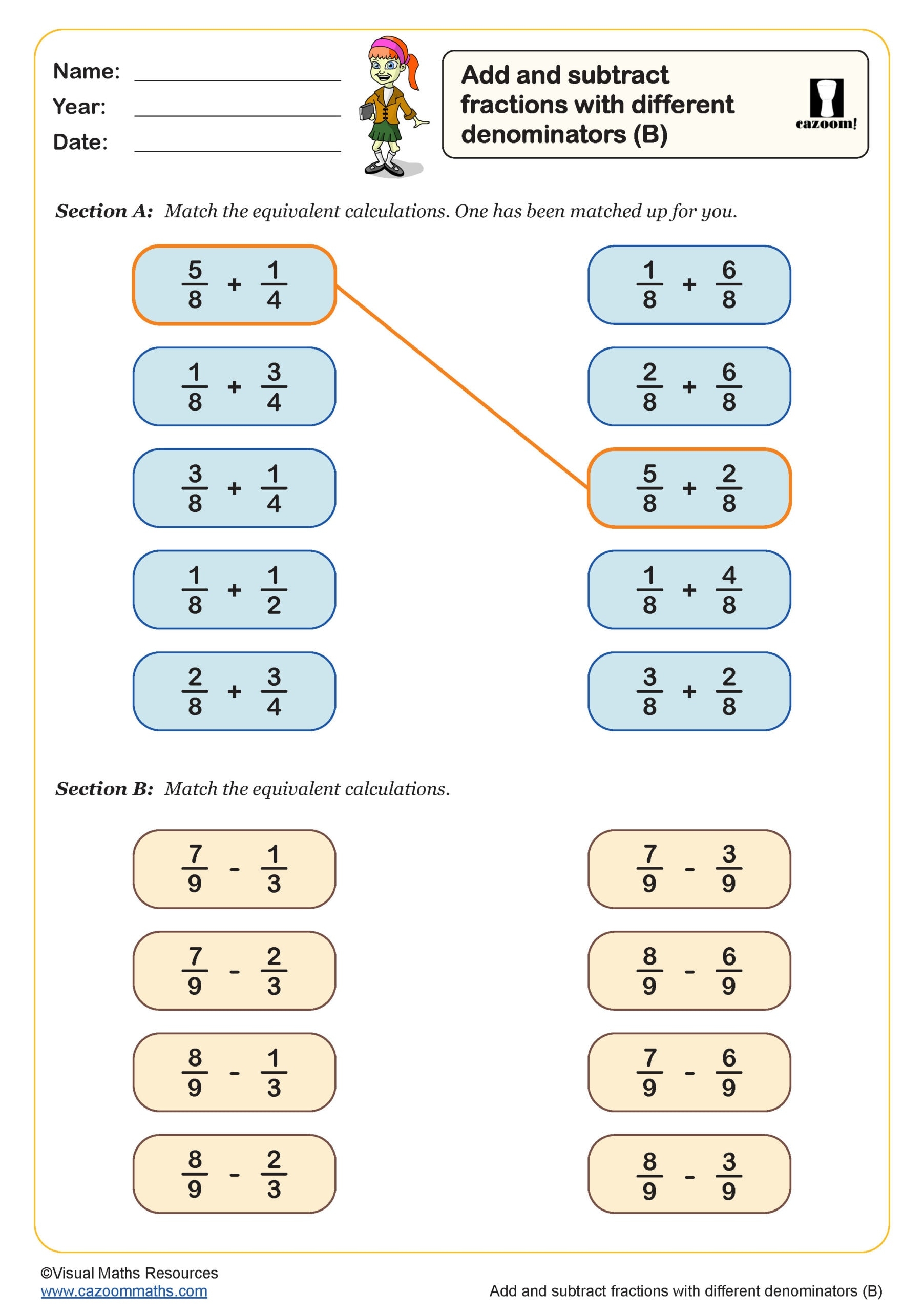 Add And Subtract Fractions With Different Denominators B Worksheet Fun And Engaging Year 5 PDF Worksheets