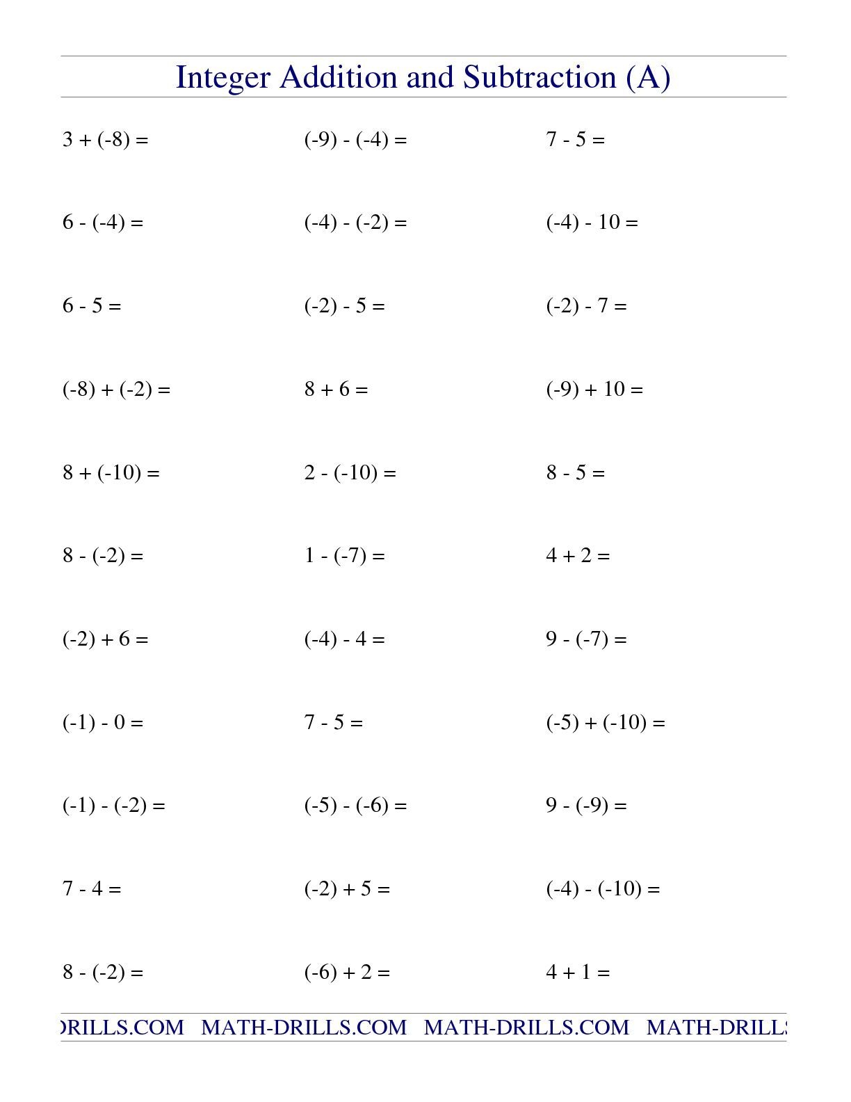adding and subtracting integers worksheet