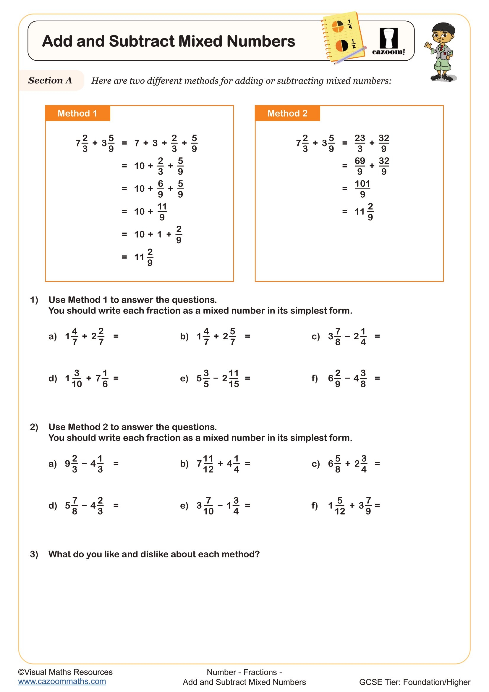 Add And Subtract Mixed Numbers Worksheet Printable PDF For Year 8 Year 9 And Year 10 Number Worksheet Add And Subtract Mixed Numbers Worksheet Printable PDF For Year 8 Year 9 And Year 10 Number Worksheet