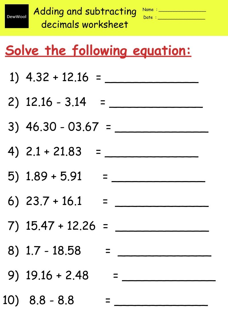 adding and subtracting decimals worksheet