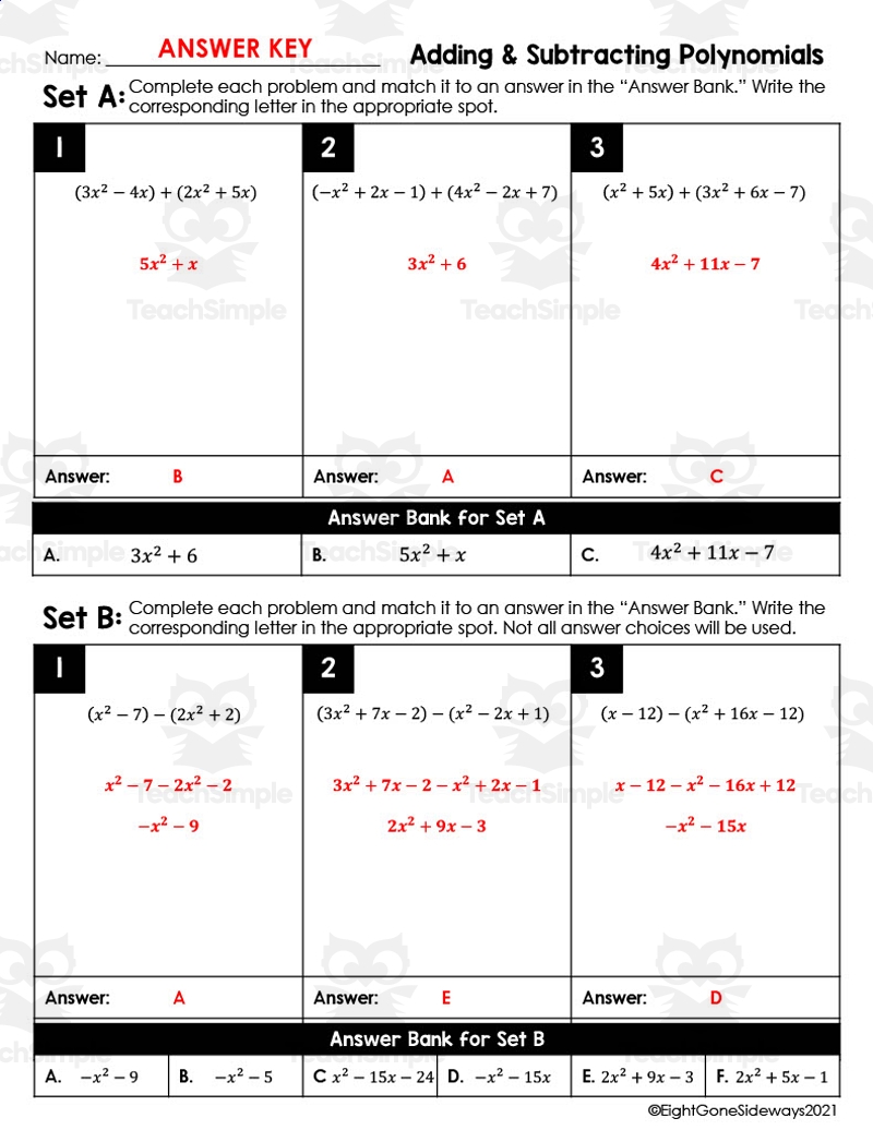 Adding And Subtracting Polynomials Leveled Checking Worksheet By Teach Simple Adding And Subtracting Polynomials Leveled Checking Worksheet By Teach Simple
