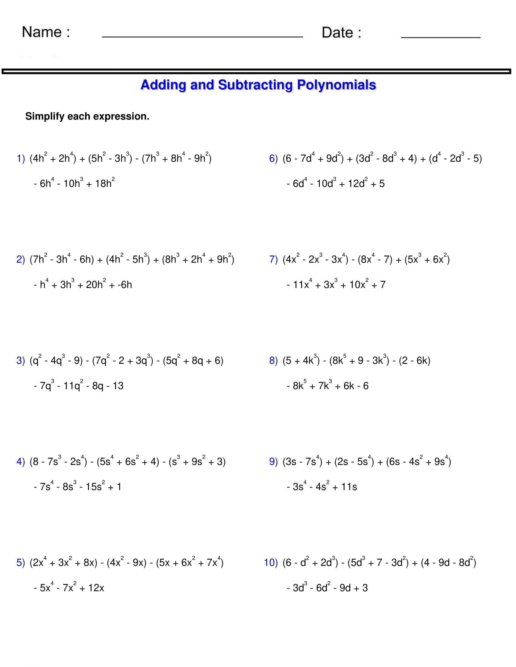 Adding And Subtracting Polynomials Worksheet 3 Polynomials Made By Teachers Adding And Subtracting Polynomials Worksheet 3 Polynomials Made By Teachers