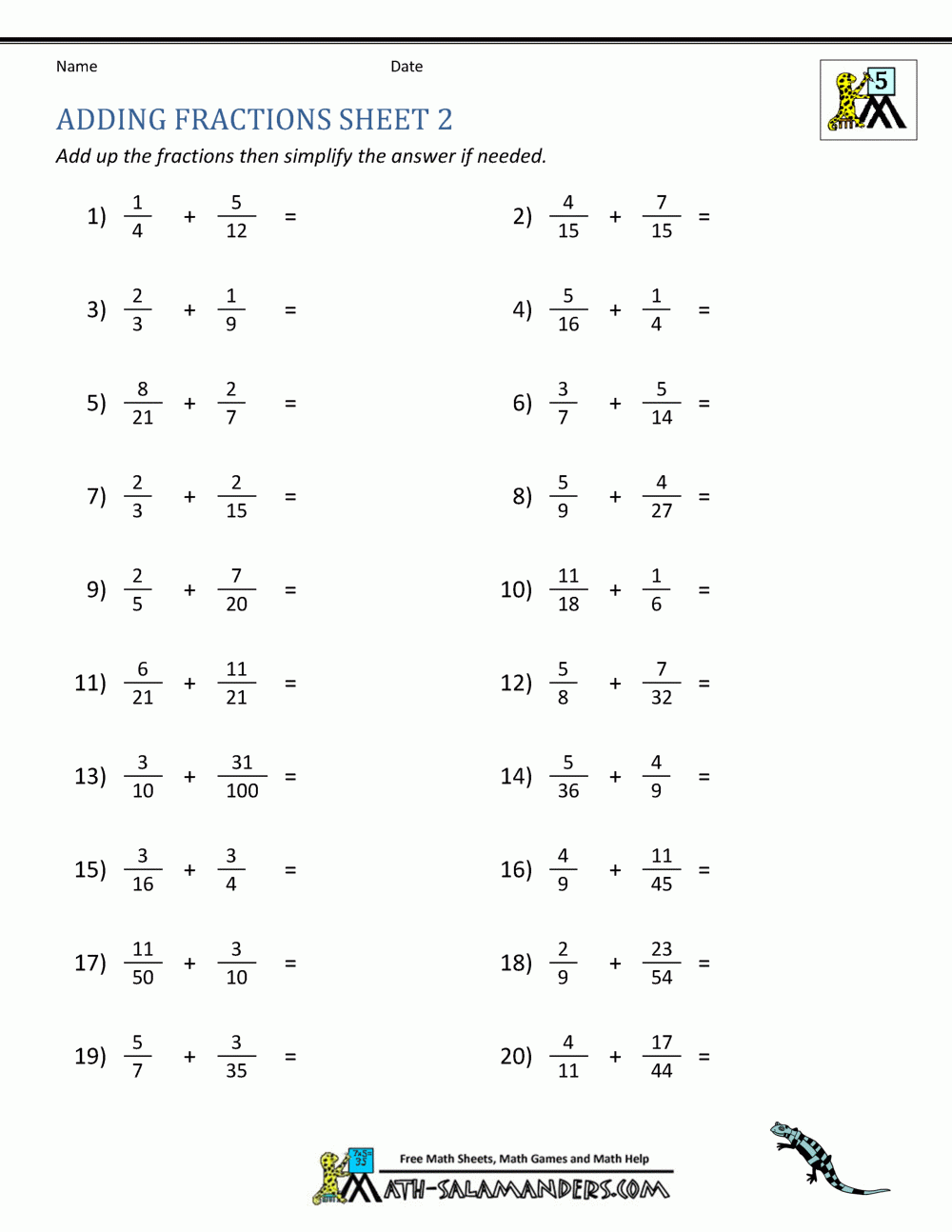 adding fractions with unlike denominators worksheet adding fractions with unlike denominators worksheet