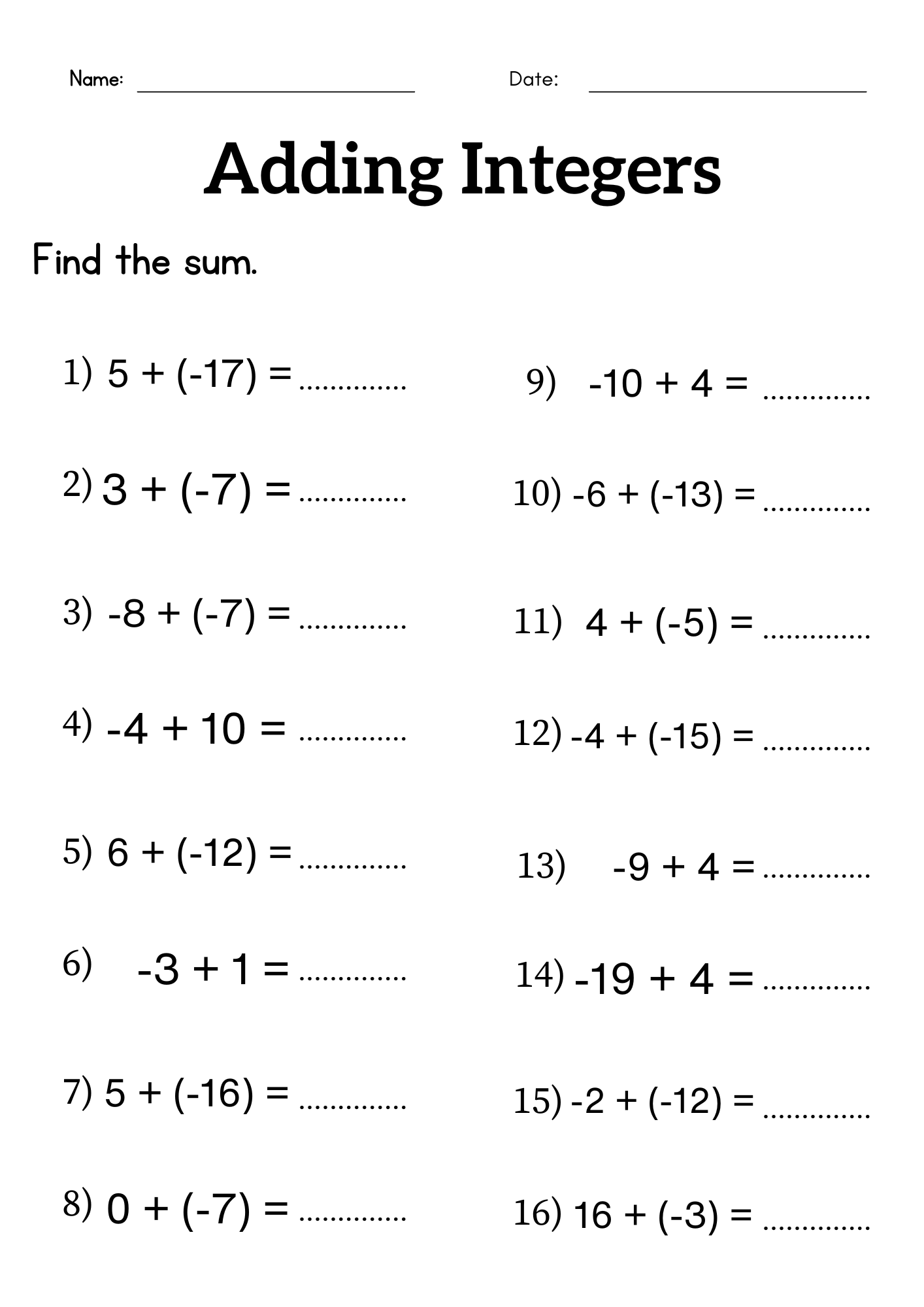 adding subtracting integers worksheet