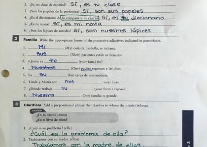 Answer Key For Possessive Adjectives Handout Skyline High School Spanish