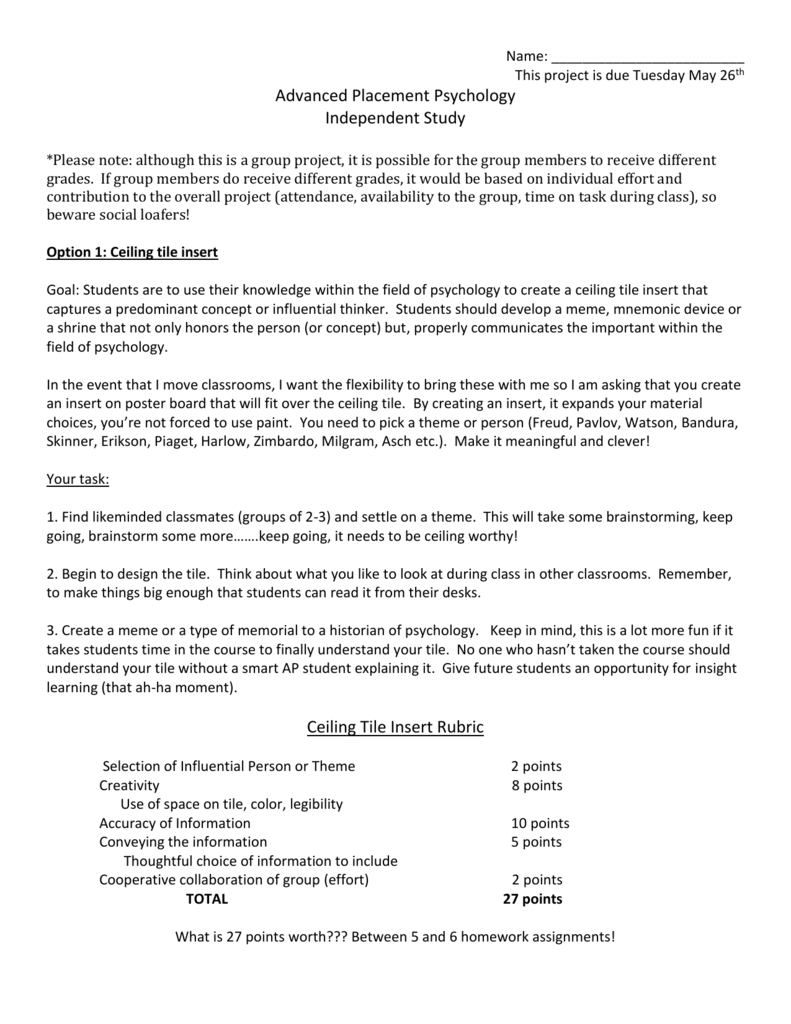 AP Psychology Independent Study Project Options AP Psychology Independent Study Project Options