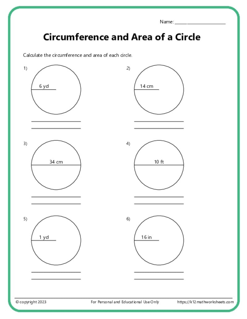 Area And Circumference Of Circles K12 Math Worksheets