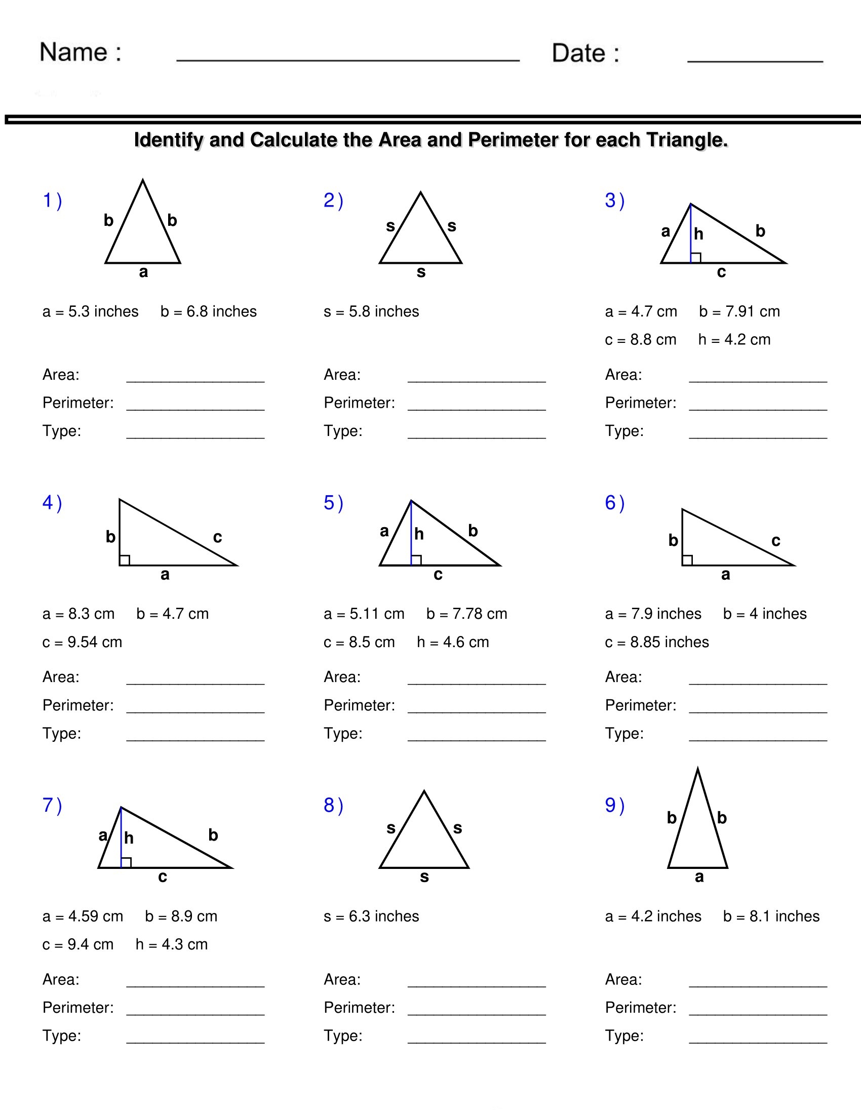 area of a triangle worksheet