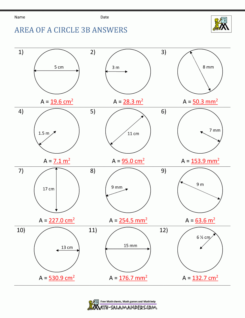 Area Of A Circle Worksheets