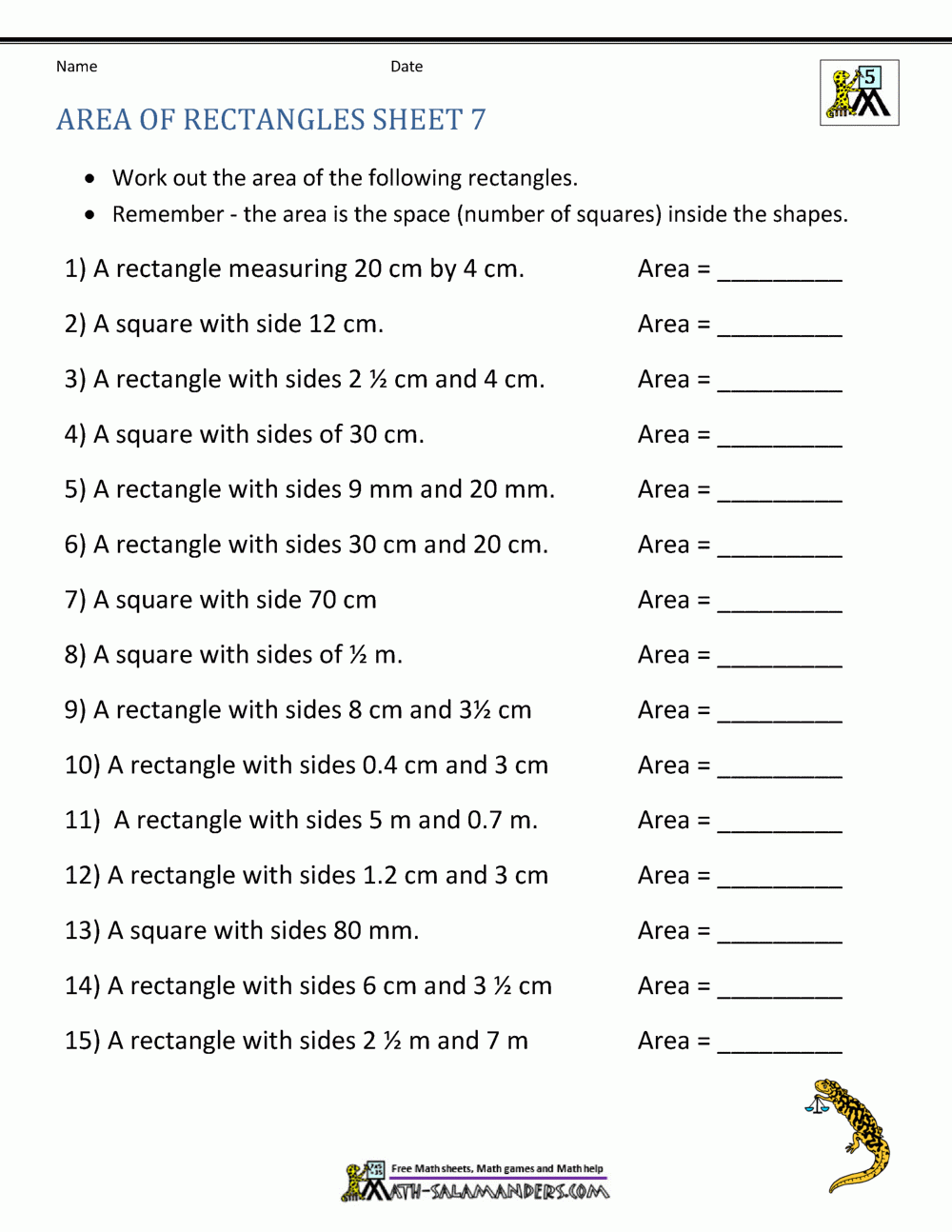 area of a rectangle worksheet