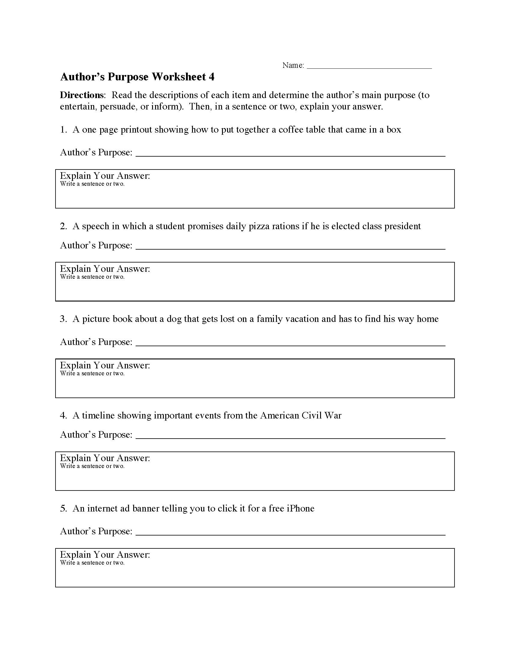 Author s Purpose Worksheet 4 Reading Activity Author s Purpose Worksheet 4 Reading Activity