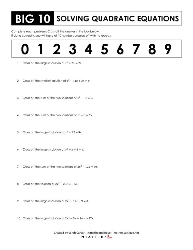 Big 10 Solving Quadratic Equations By Factoring Worksheet Math Love Big 10 Solving Quadratic Equations By Factoring Worksheet Math Love