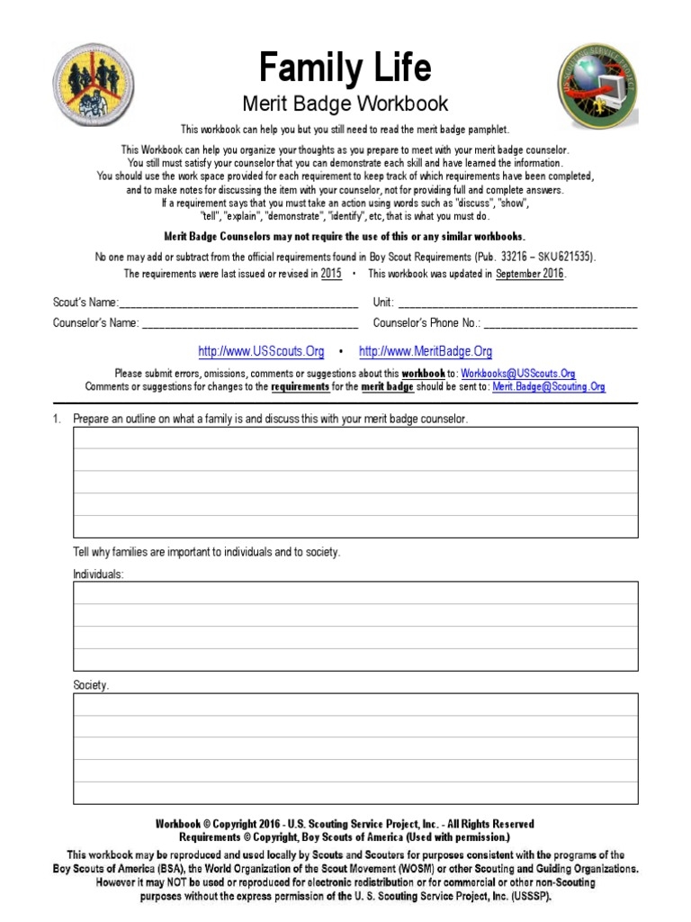 Bsa Family Life Merit Badge Worksheet Printable Art Activities
