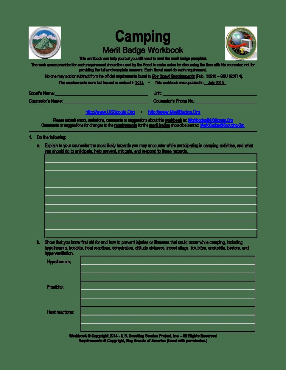camping merit badge worksheet camping merit badge worksheet