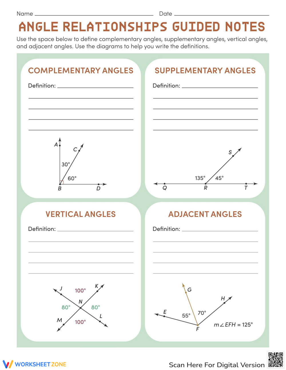 worksheet complementary and supplementary angles