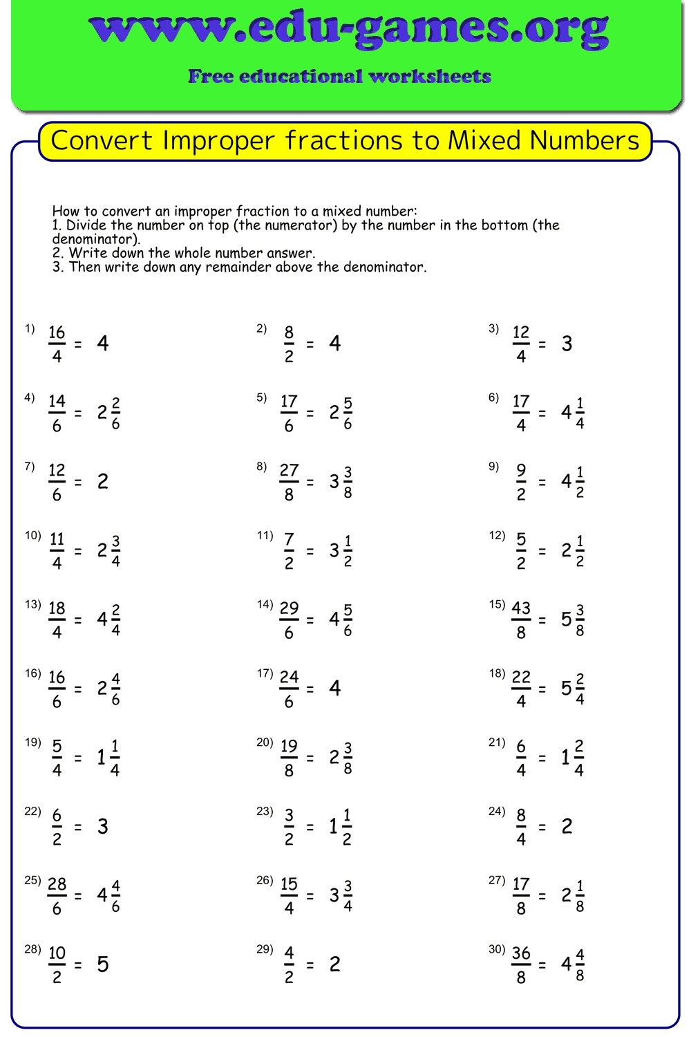 improper fraction to mixed number worksheet