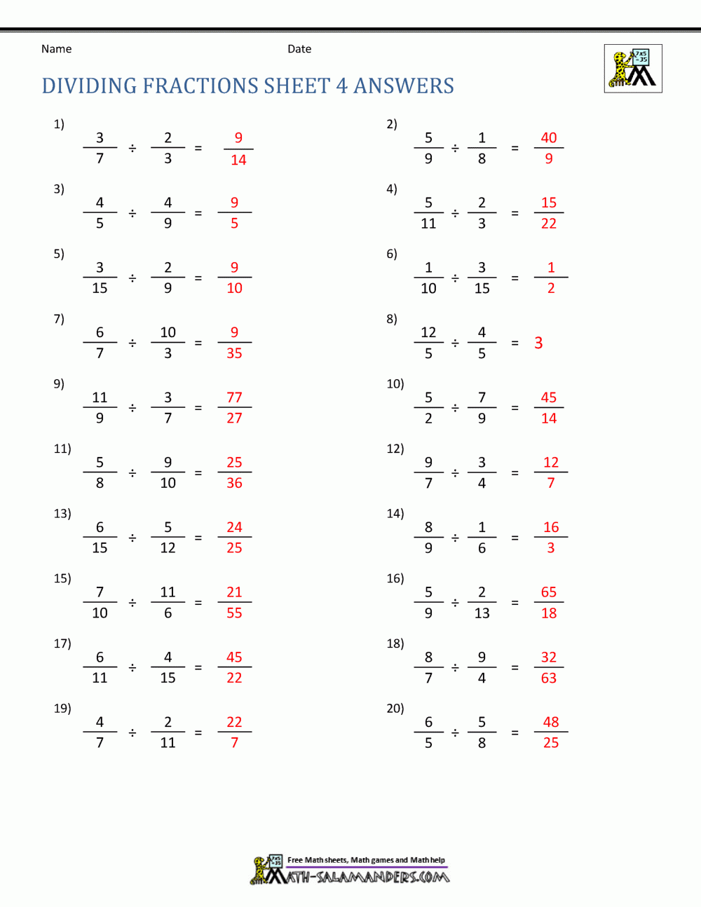 Dividing Fractions Worksheet Dividing Fractions Worksheet
