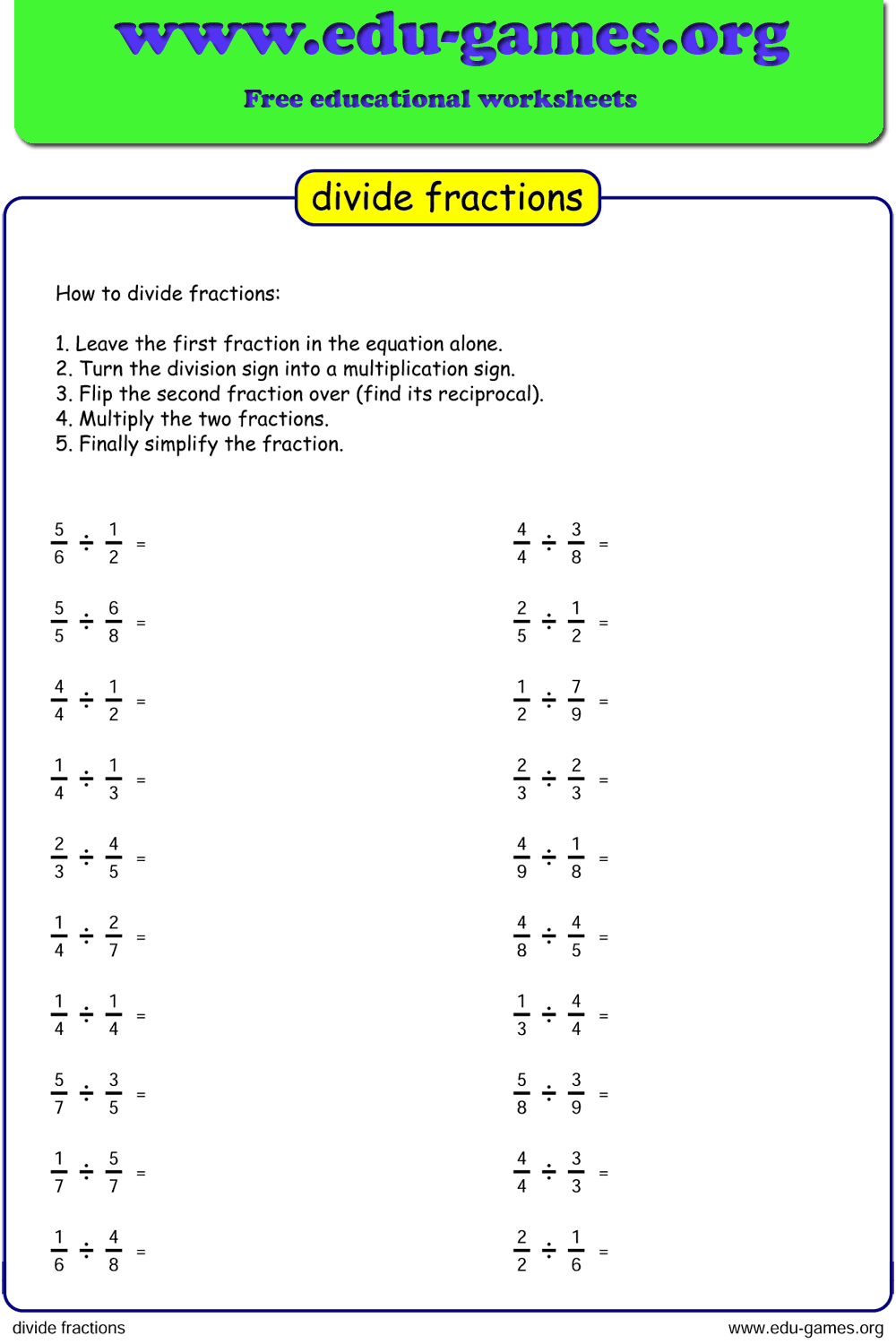 fraction divided by fraction worksheet fraction divided by fraction worksheet