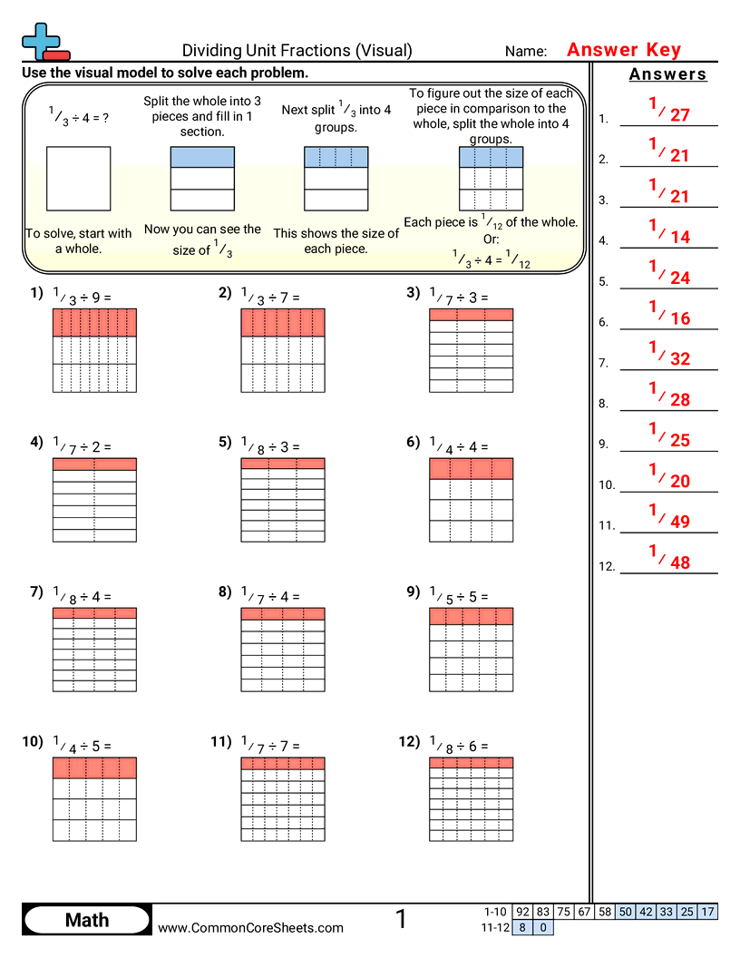 Dividing Unit Fractions Visual Worksheet Download Dividing Unit Fractions Visual Worksheet Download