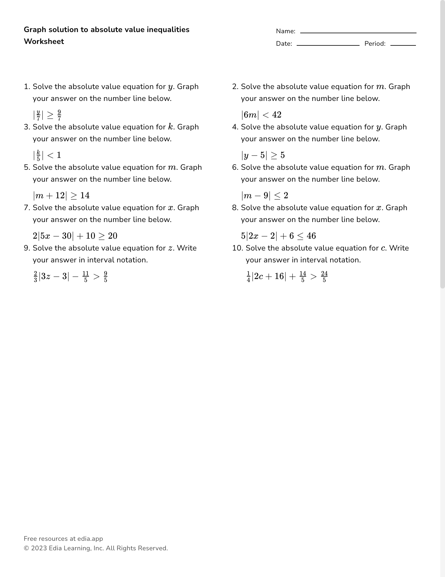 absolute value inequalities worksheet
