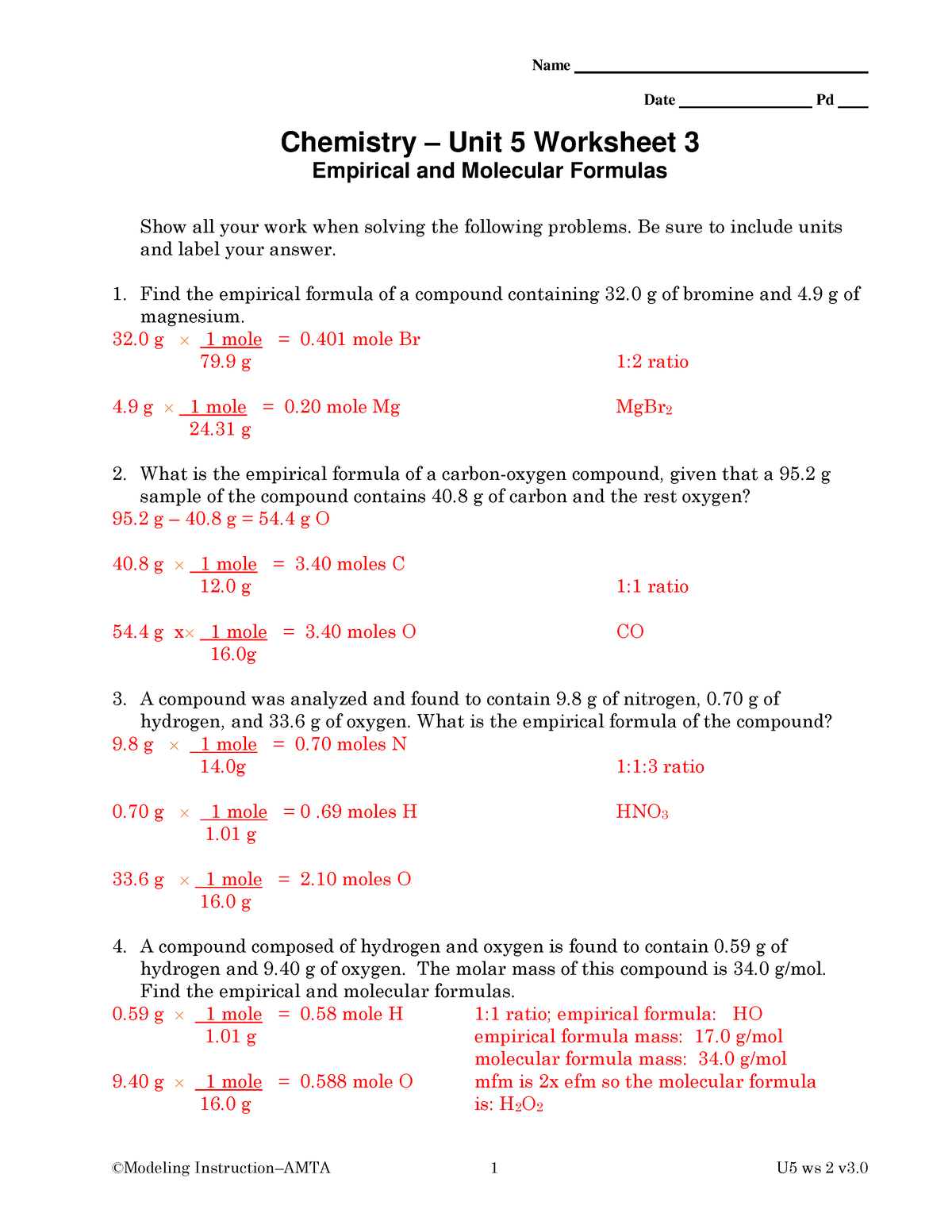 unit 5 empirical formulas worksheet answers