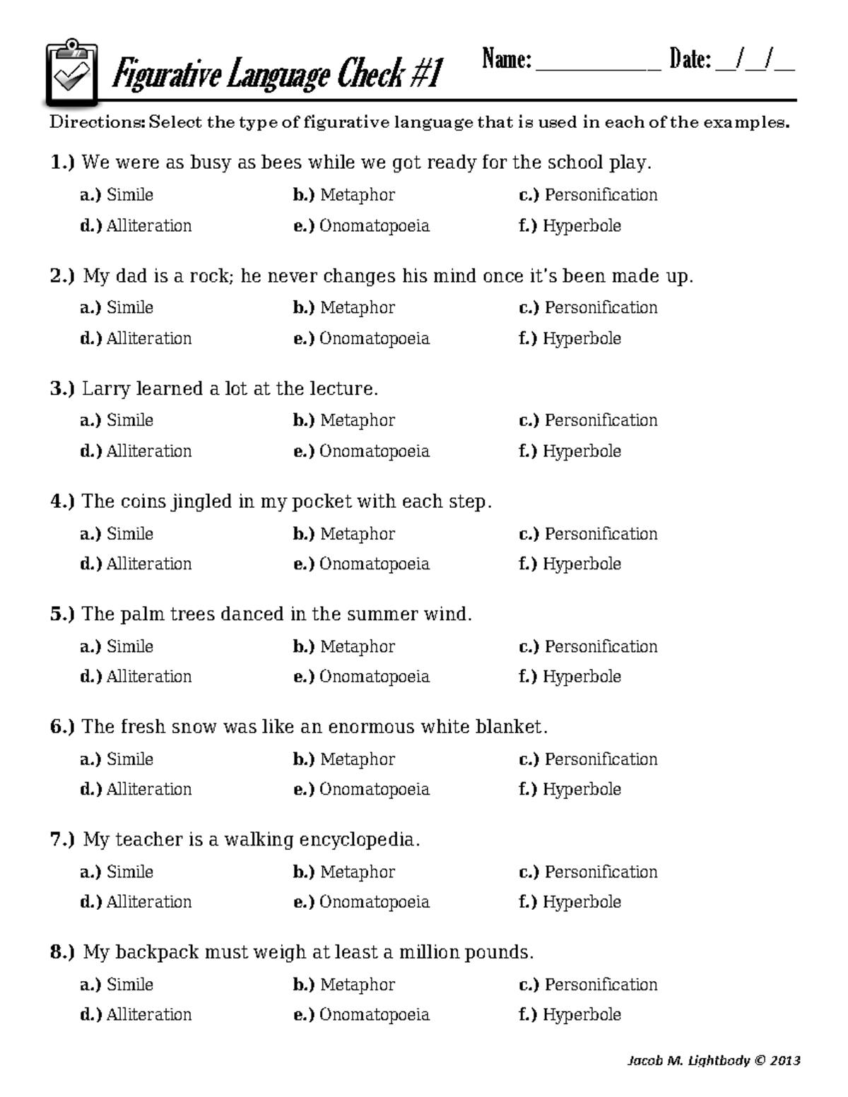 figurative language - identify it worksheet answers