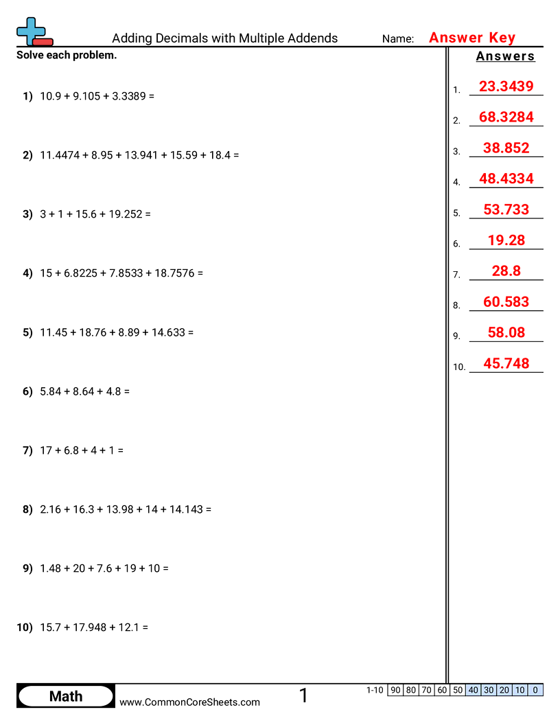 Free Adding Subtracting Decimals Worksheets Common Core Sheets