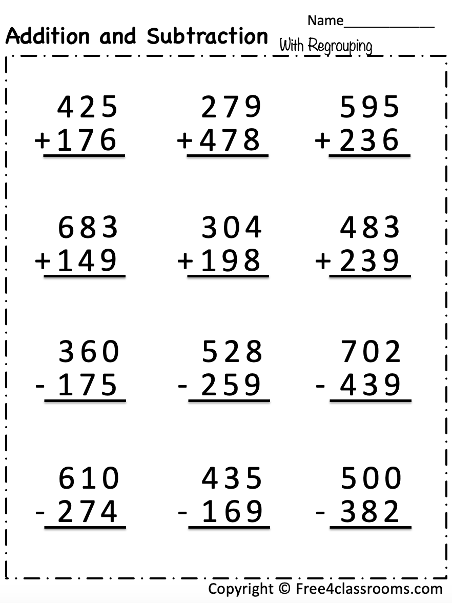 Free Addition And Subtraction Worksheet 3 Digit Numbers With Regrouping