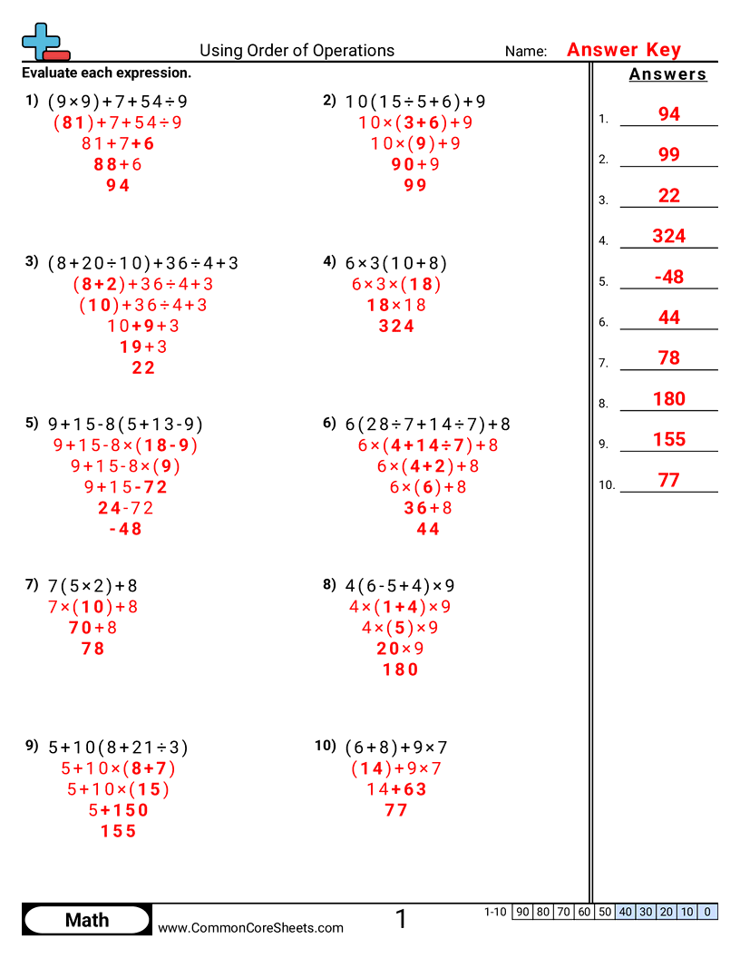 Free Order Of Operations Worksheets Common Core Sheets