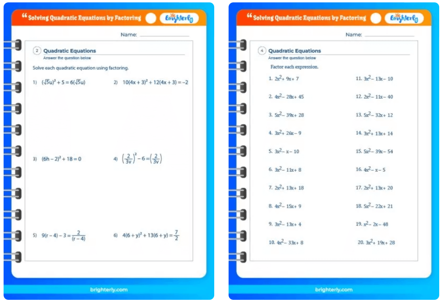 FREE Solving Quadratic Equations By Factoring Worksheets PDFs 